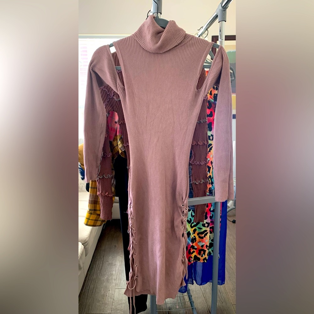 Cold shoulder, turtleneck, lace up dress